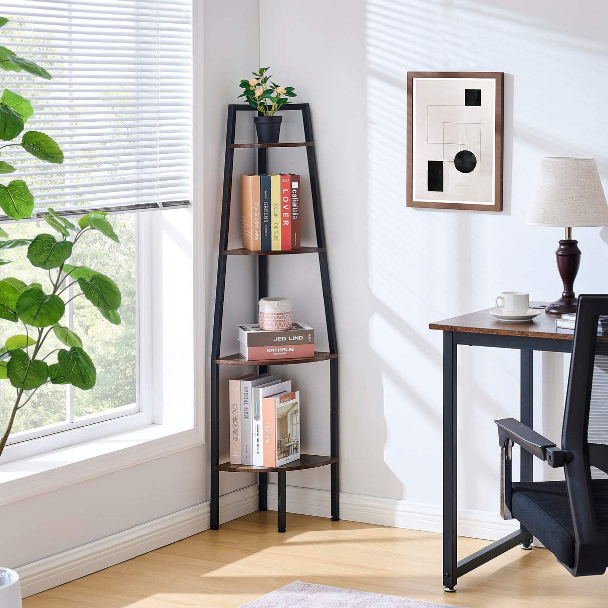 RusticHaven 4-Tier Industrial Corner Bookshelf