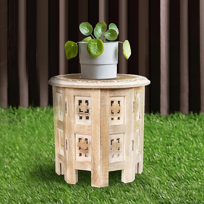 Carved Round End Table with Single Pillar, Unique Accent Piece for Living Room