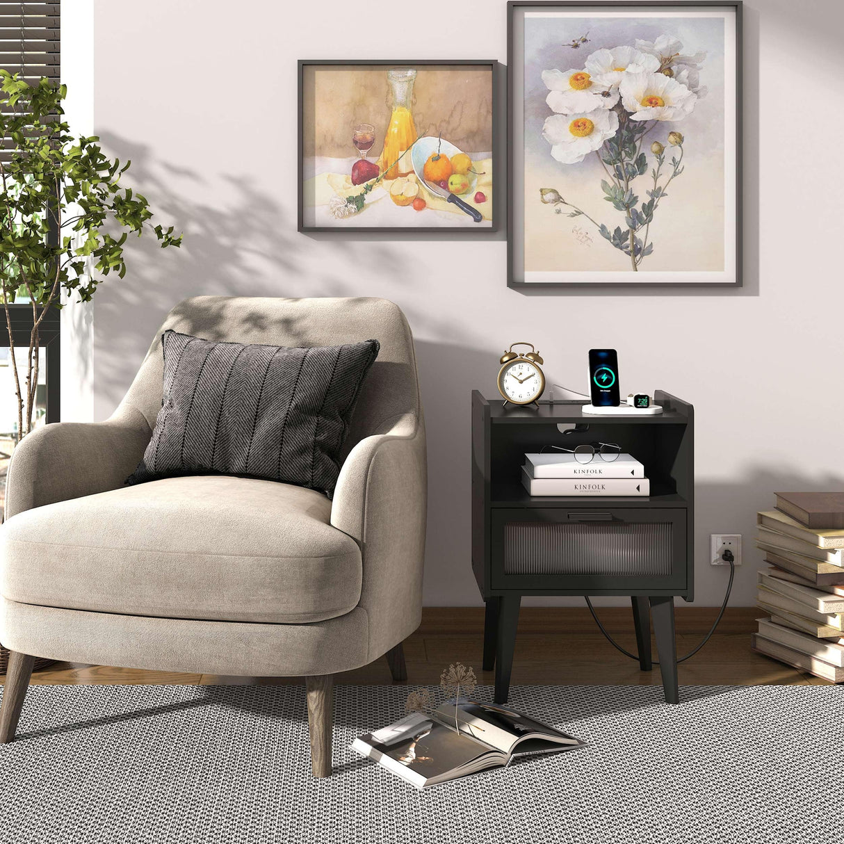 Nightstand with Charging Station, Bedside Tables, End Table Side Table