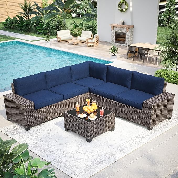 6-Piece Outdoor Wicker Patio Furniture Set with Cushions and Glass Coffee Table