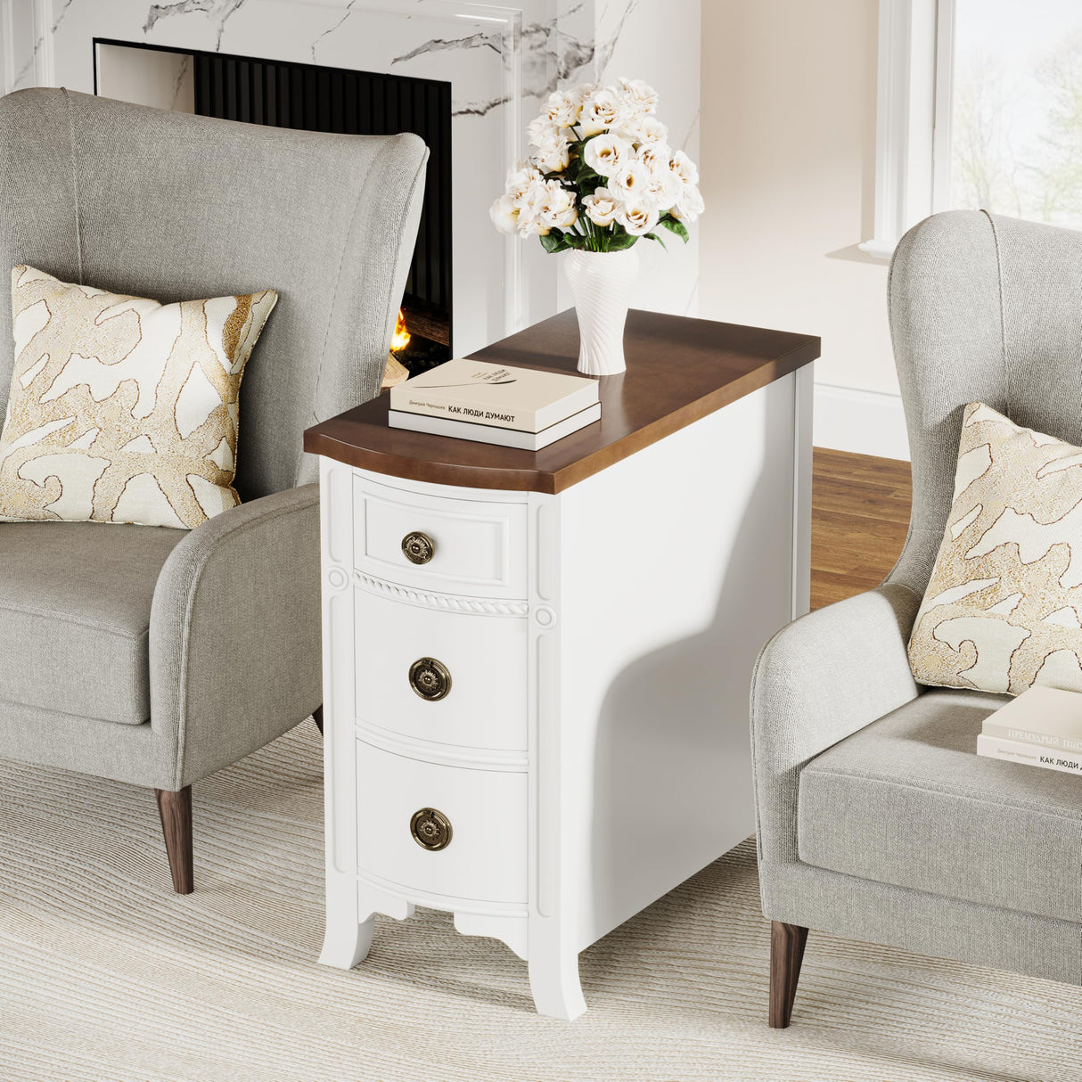 Solid Wood End Table, 3-Drawer Narrow Side Table