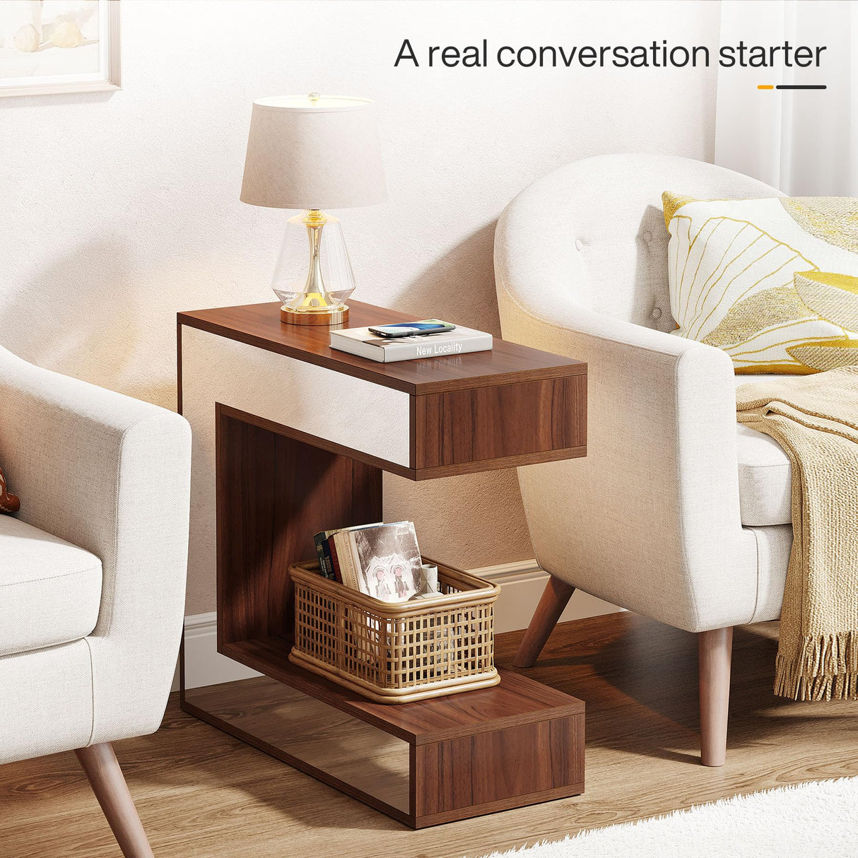 Mirrored End Table, Narrow Side Table with Storage Shelf for Living Room, Wood Bedside