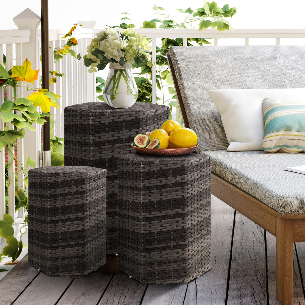 Wicker Side Table Set of 3, Nesting Weatherproof Rattan Coffee End Tables Indoor/Outdoor