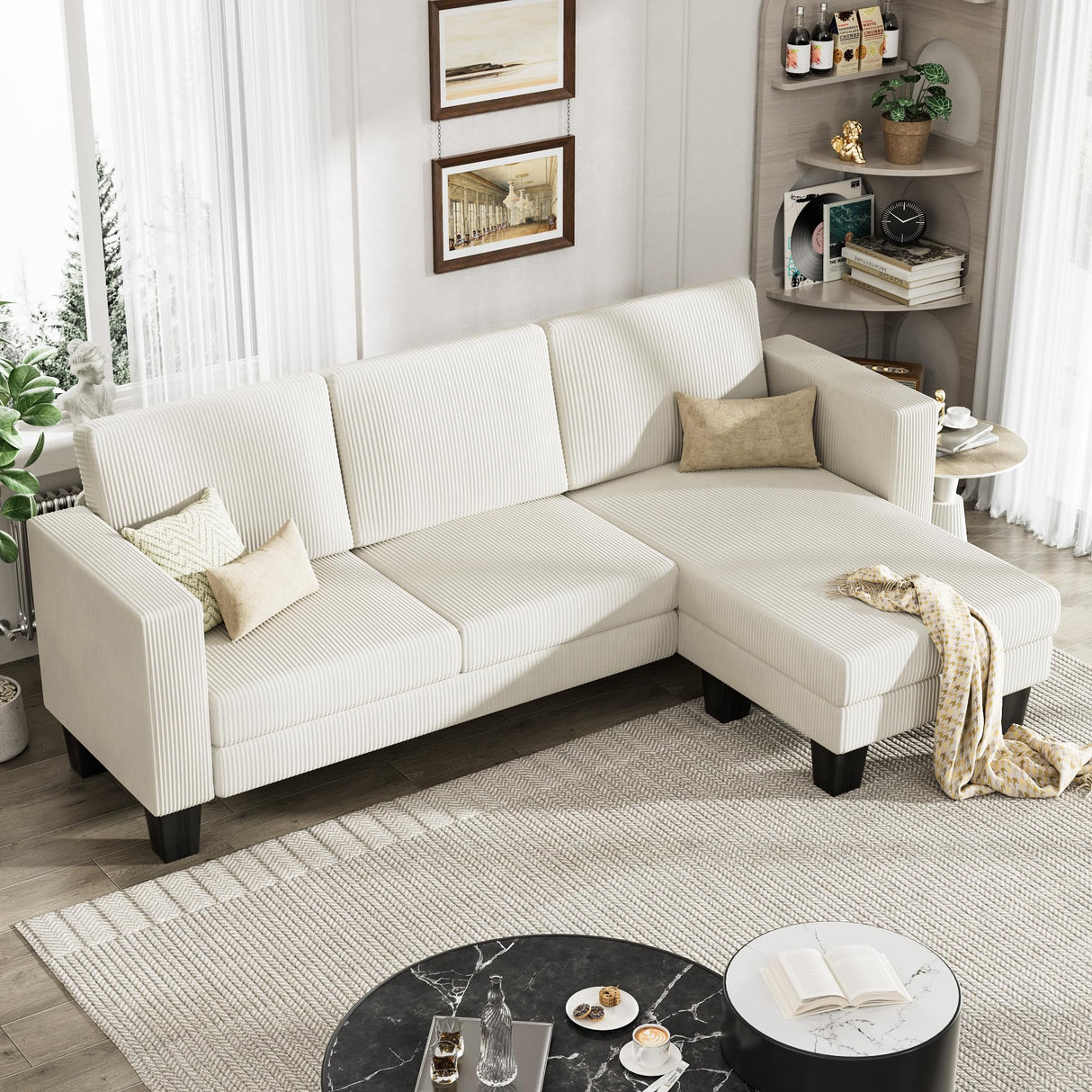 YESHOMY L-Shaped Convertible Sectional Sofa 3 Seater with Corduroy Fabric, Complete with Mobile Footrest, for Living Room, Apartment and Office, 70", Beige