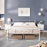 Metal Queen Size White Bed Platform Simple Industrial Style