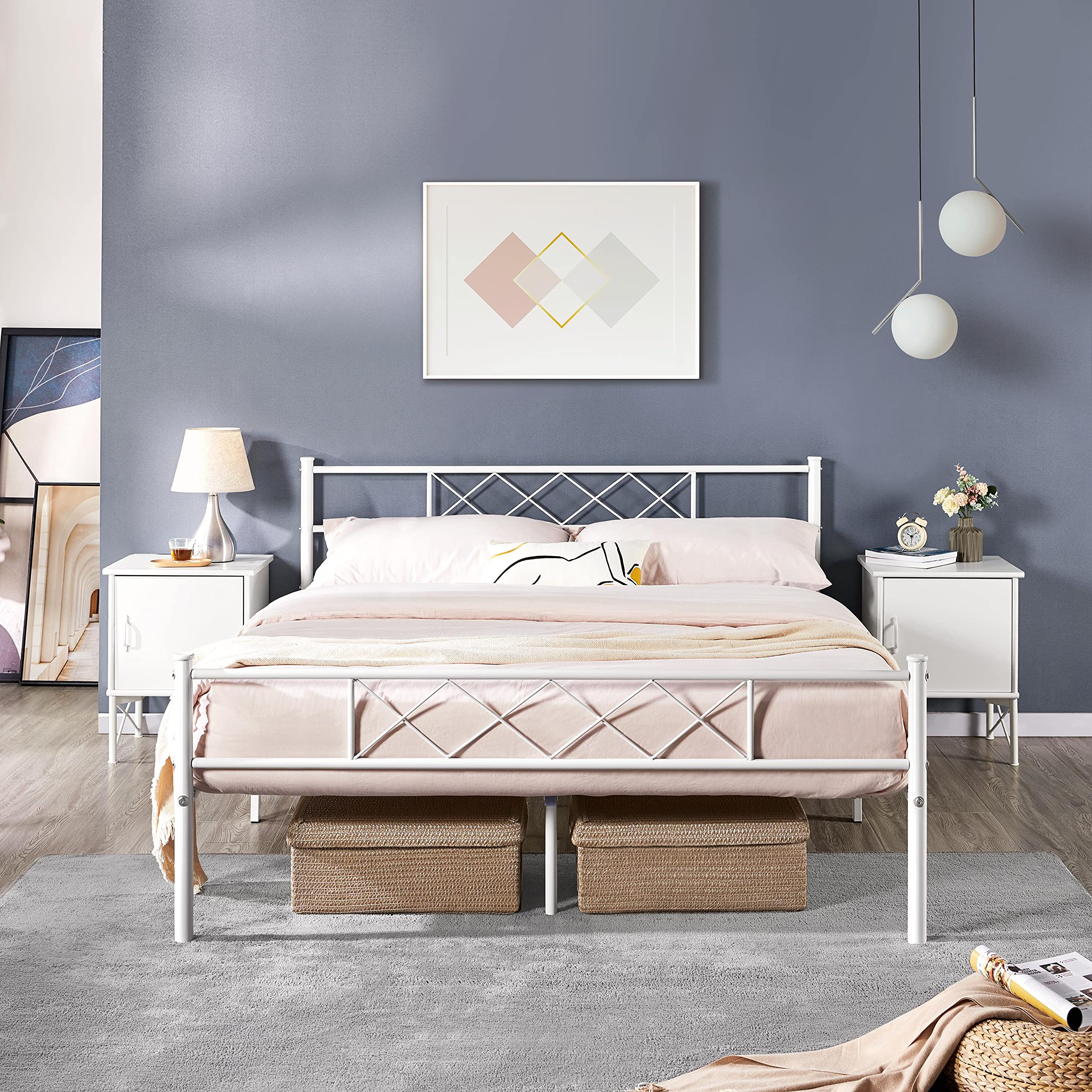 Metal Queen Size White Bed Platform Simple Industrial Style