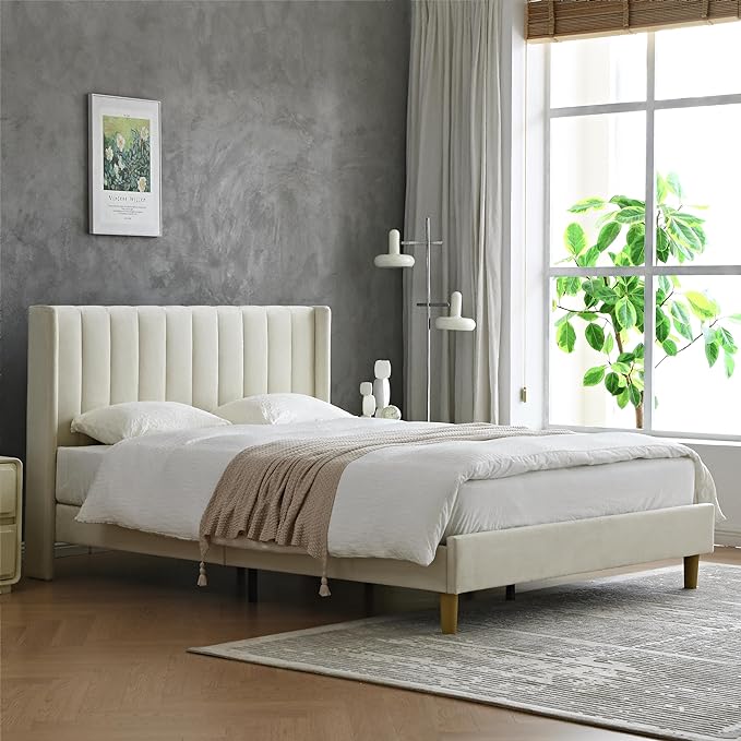 Modern Upholstered Bed Frame with Double Wingback Headboard