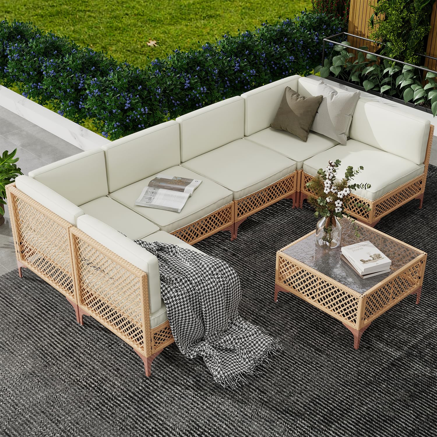 Noble House Grenada Outdoor Acacia Wood 7 Seater Sectional Sofa Set Teak/Blue