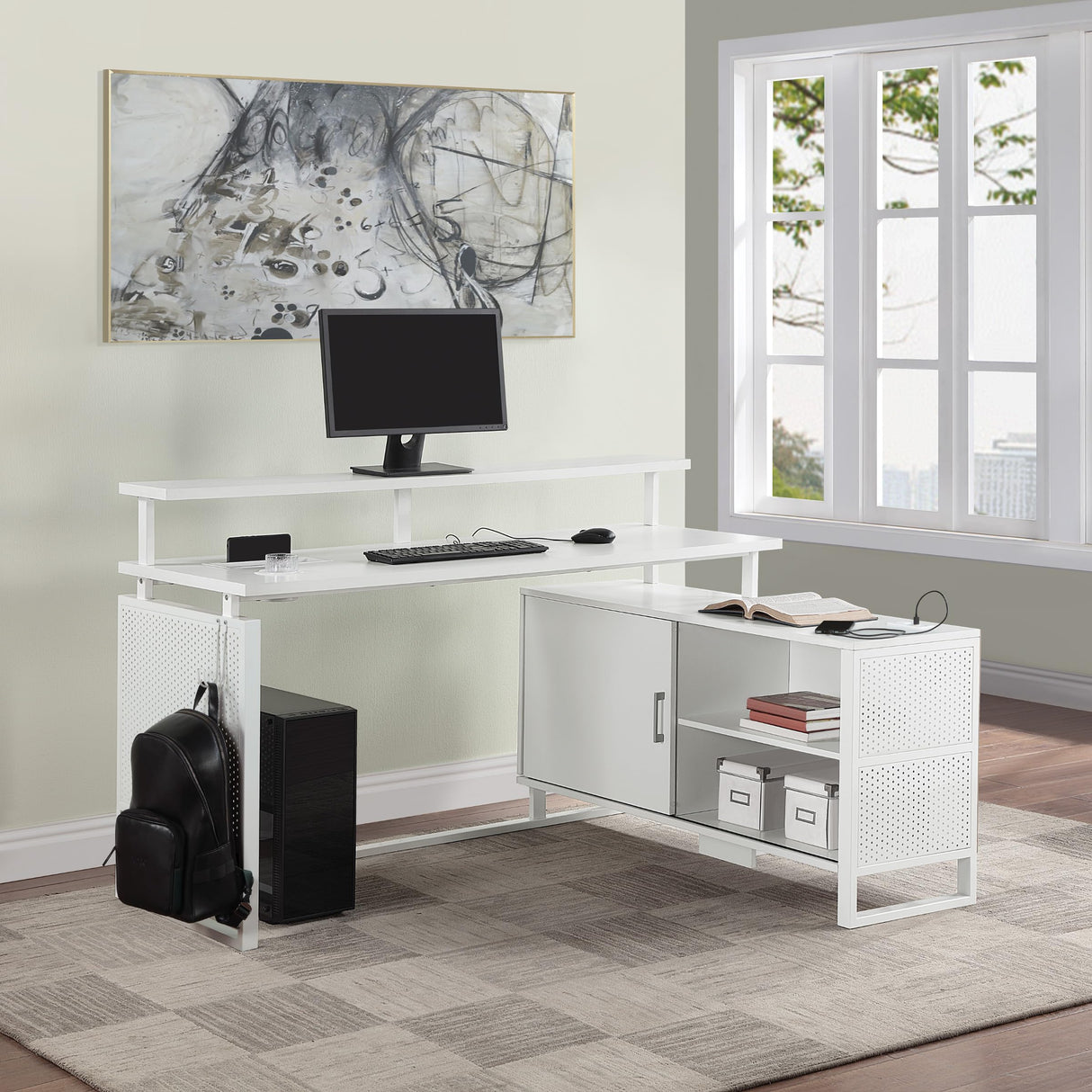 Ace Contemporary Modern Home Office Desk with Shelf, L-Shape with White Finish