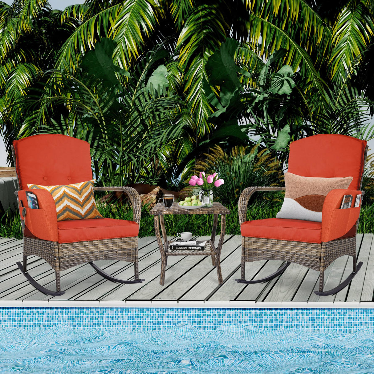 CIRMUBUY 3-Piece Outdoor Bistro Set, Patio Conversation Chair, Wicker Rocking Chair with Side Table for Porch, Garden, Poolside & Deck, Carrot