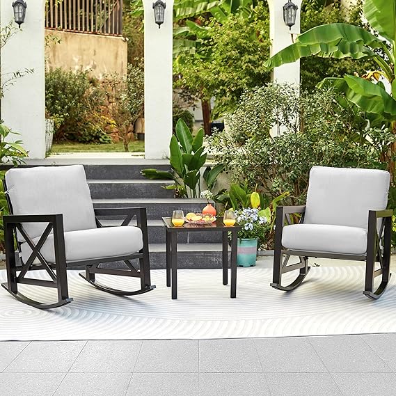 3-Piece Rocking Bistro Set - Outdoor Patio Furniture with Cushioned Chairs & Coffee Table