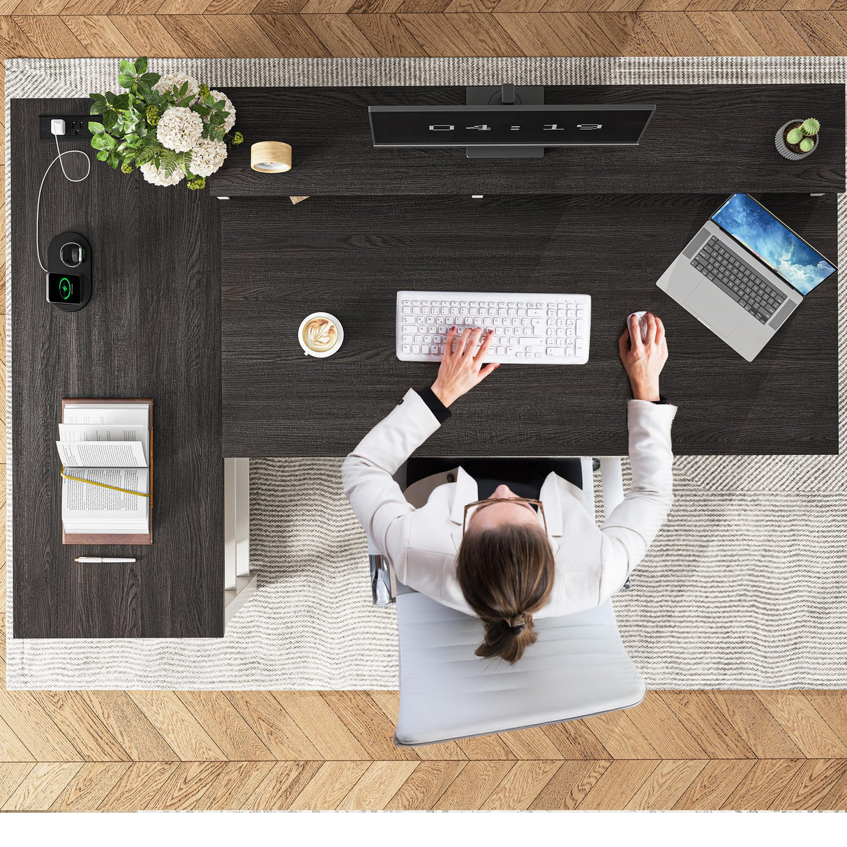 Computer Desk, L Shaped Desk with Drawers, Office Desk with Long Monitor Stand,