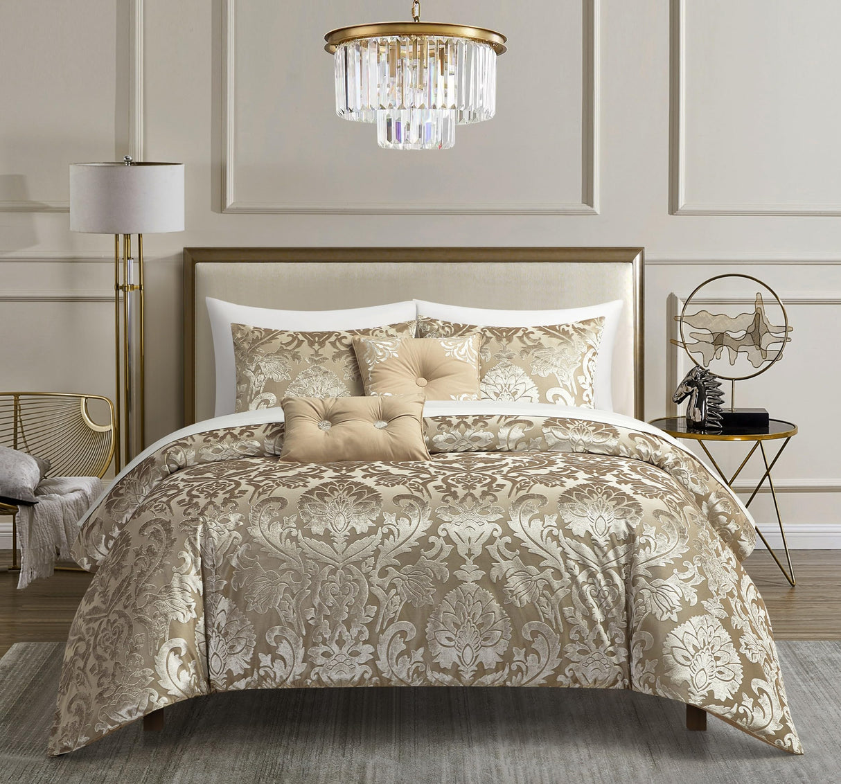 Chic 5 Piece Jacquard Comforter Set Burnout Velvet Design with Decorative Pillows, Shams - Taupe