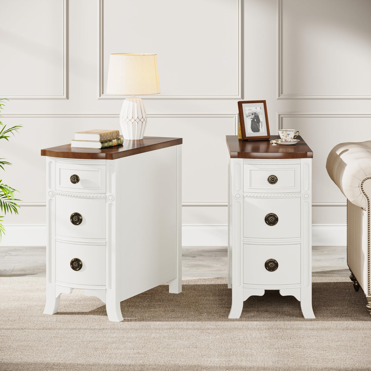 Solid Wood End Table, 3-Drawer Narrow Side Table