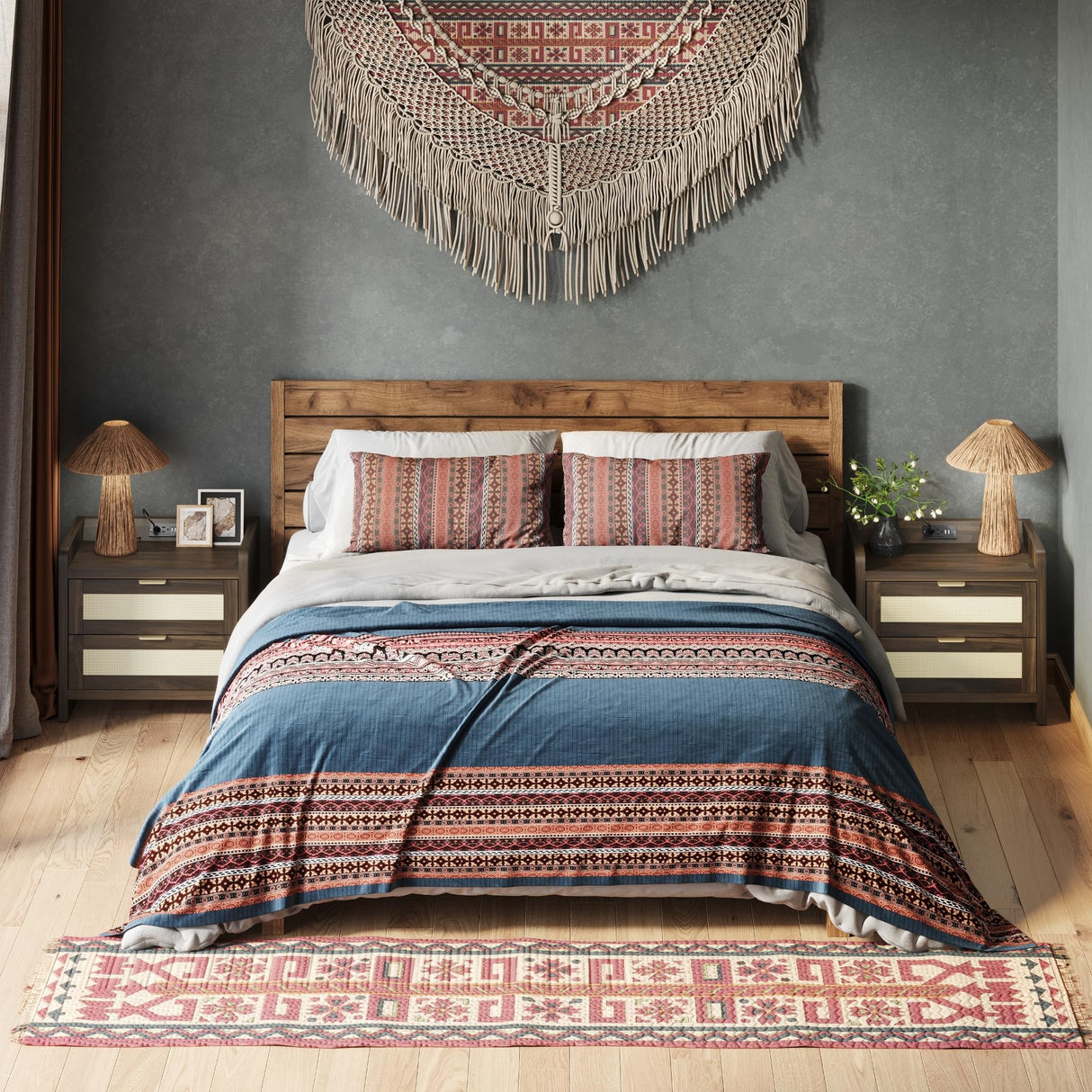 Night Stand Set of 2 - Rattan Nightstands with Built-in Charging Port, 2 Woven Drawers