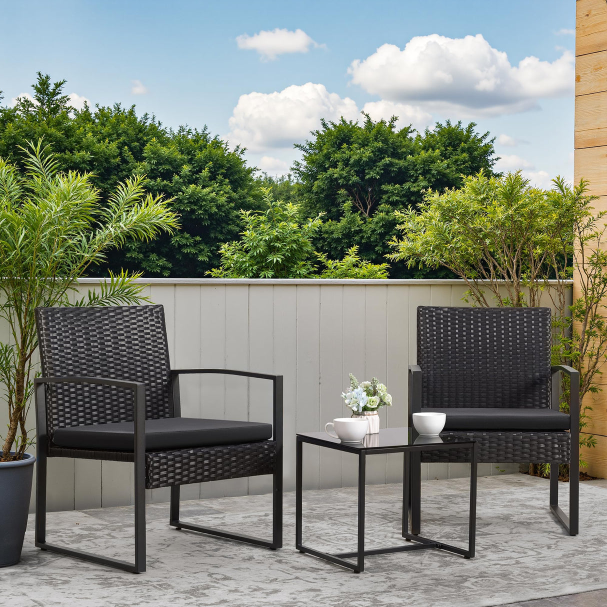 3 Piece Wicker Conversation Bistro Sets Outdoor Patio Set Modern Rattan Chair Furniture