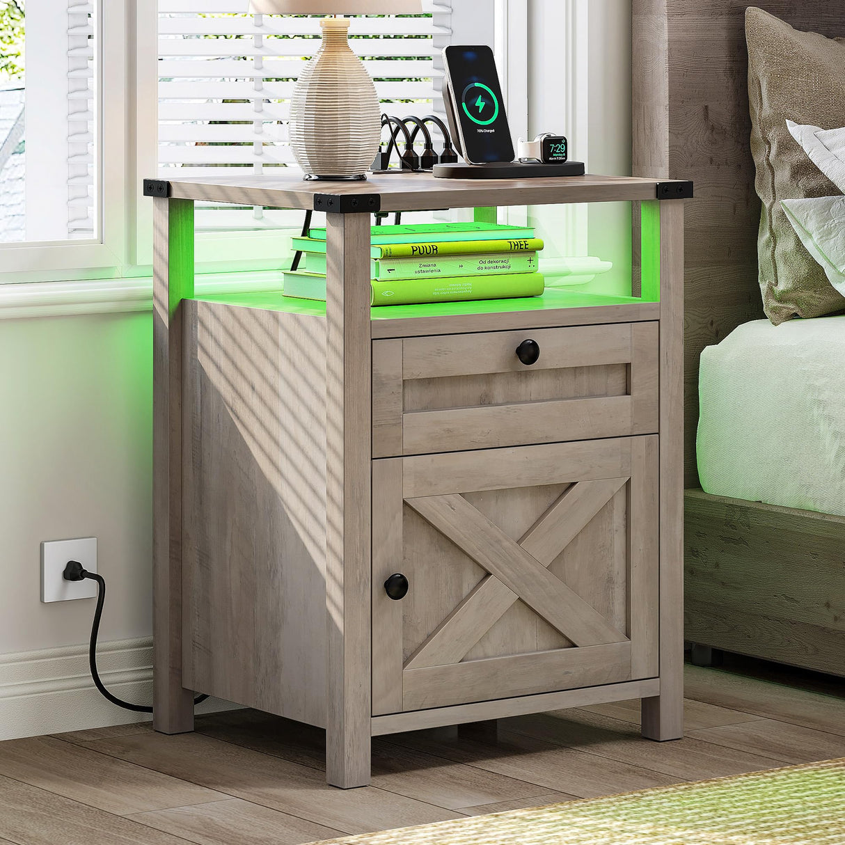 Farmhouse Nightstand with LED Lights & Charging Station, Night Stands with Drawer for Bedroom