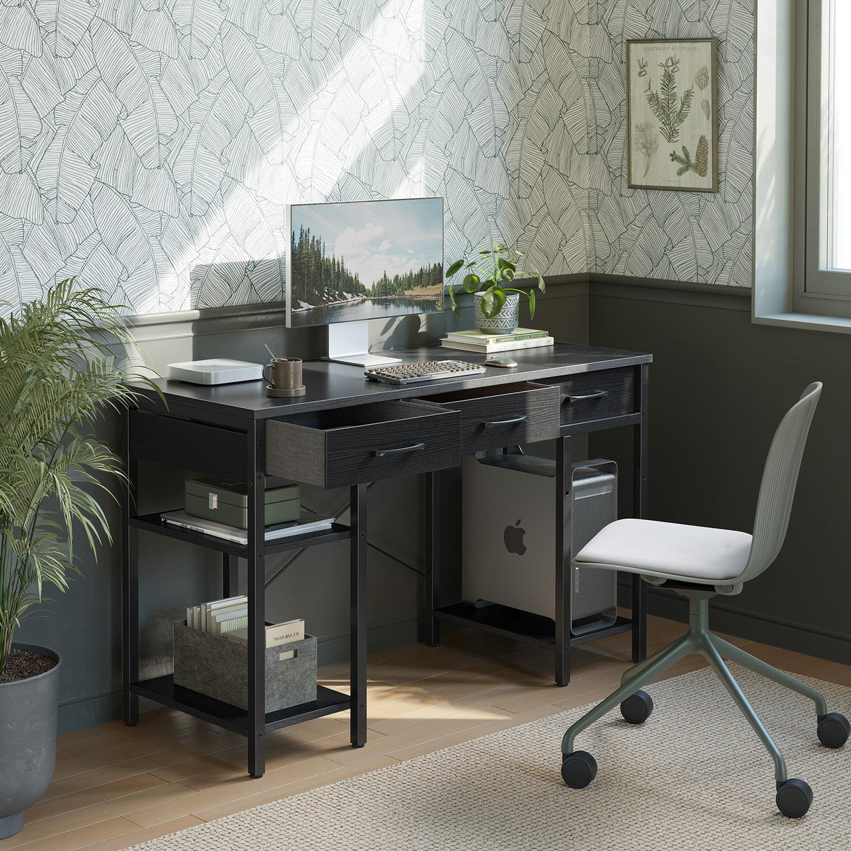 Office Small Computer Desk, Home Table with Fabric Drawers & Storage Shelves
