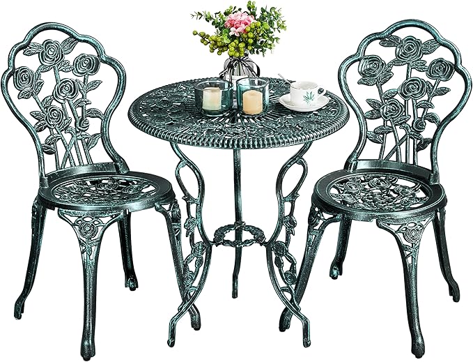 3-Piece Outdoor Bistro Set w/Rose Design, Rust-Resistant Cast Aluminum Table and Chairs