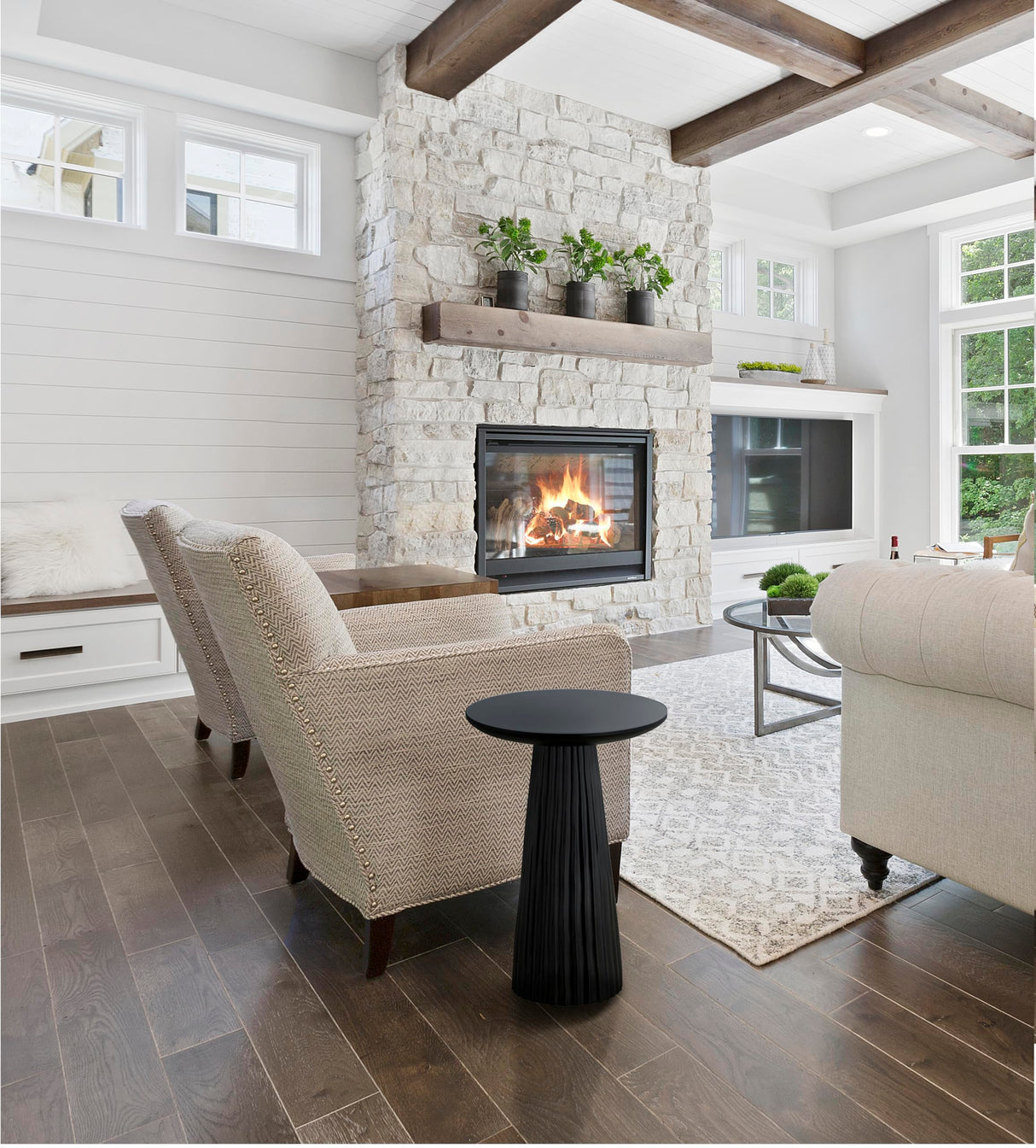 Jai Black Wood Side Table – 15.25” Round End Table – Modern Ribbed Accent