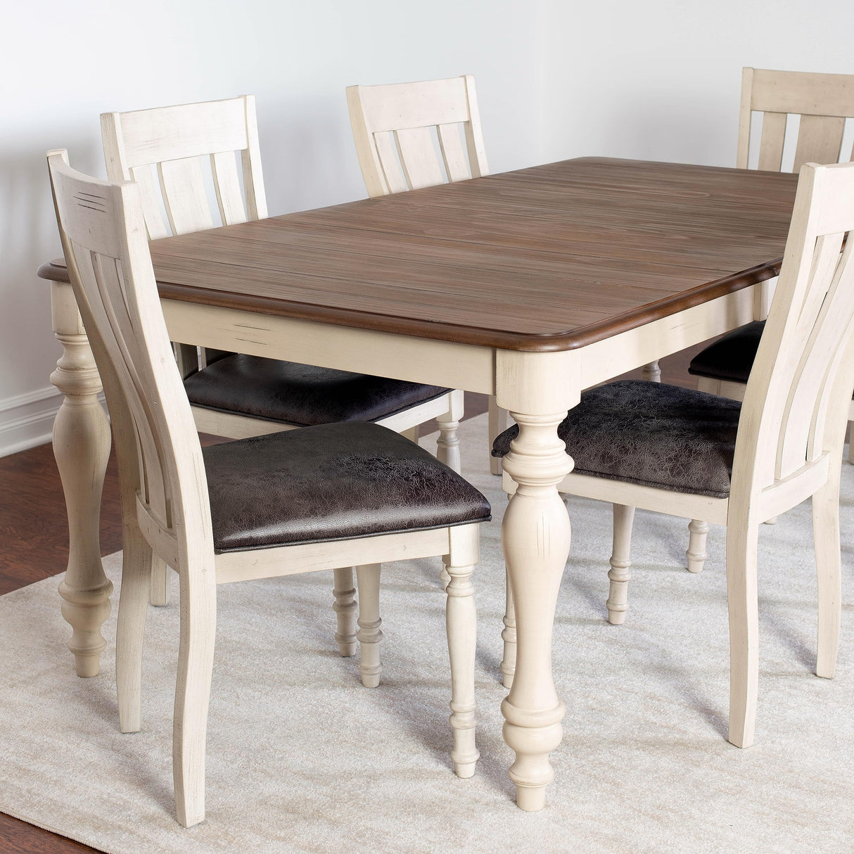 Arch Solid Wood Dining Set: Table with Extension Leaf, Six Chairs, Distressed White and Dark
