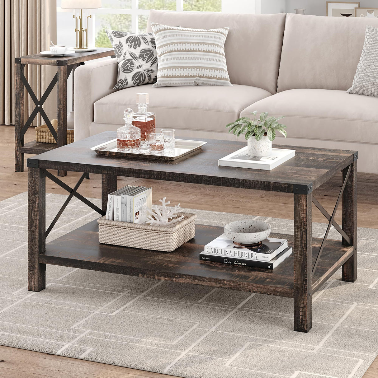 Farmhouse Coffee Table 2-Tier Rustic Center Table Living Room Rectangle Cocktail Table