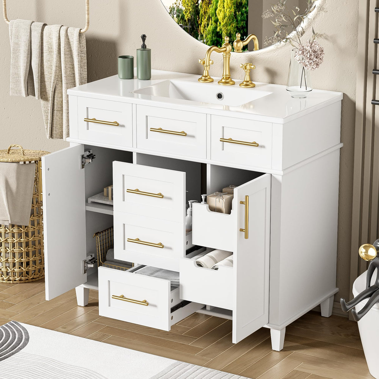 36" Bathroom Vanity with Single Sink, White Bathroom Storage Cabinet with 3 Drawers