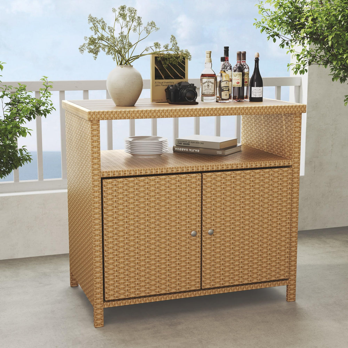 Outdoor Storage Cabinet with Walnut Wood Tabletop Weatherproof Wicker Buffet Cabinet