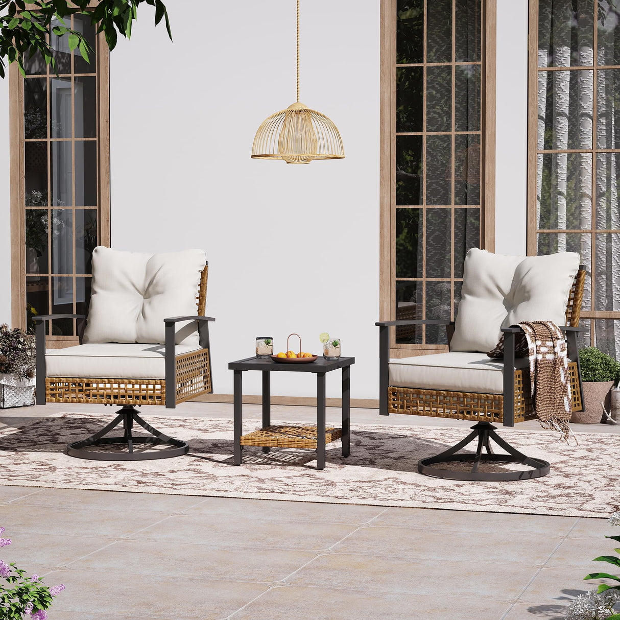 3-Piece Rocking Bistro Set - Wicker Patio Furniture with Cushioned Swivel Chairs