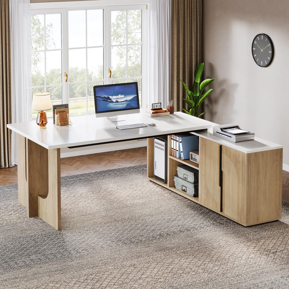 74.8" Executive Desk, Large Office Desk with Cabinet, L Shaped Computer Desk