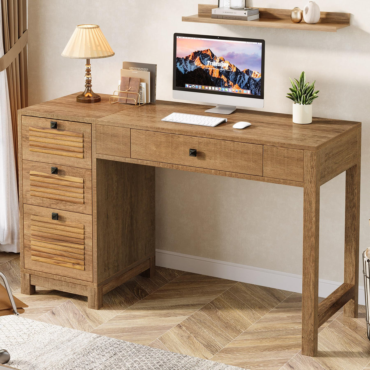 Wood Desk with 4 Drawers, Executive Desk with Storage, Home Office Desk with File