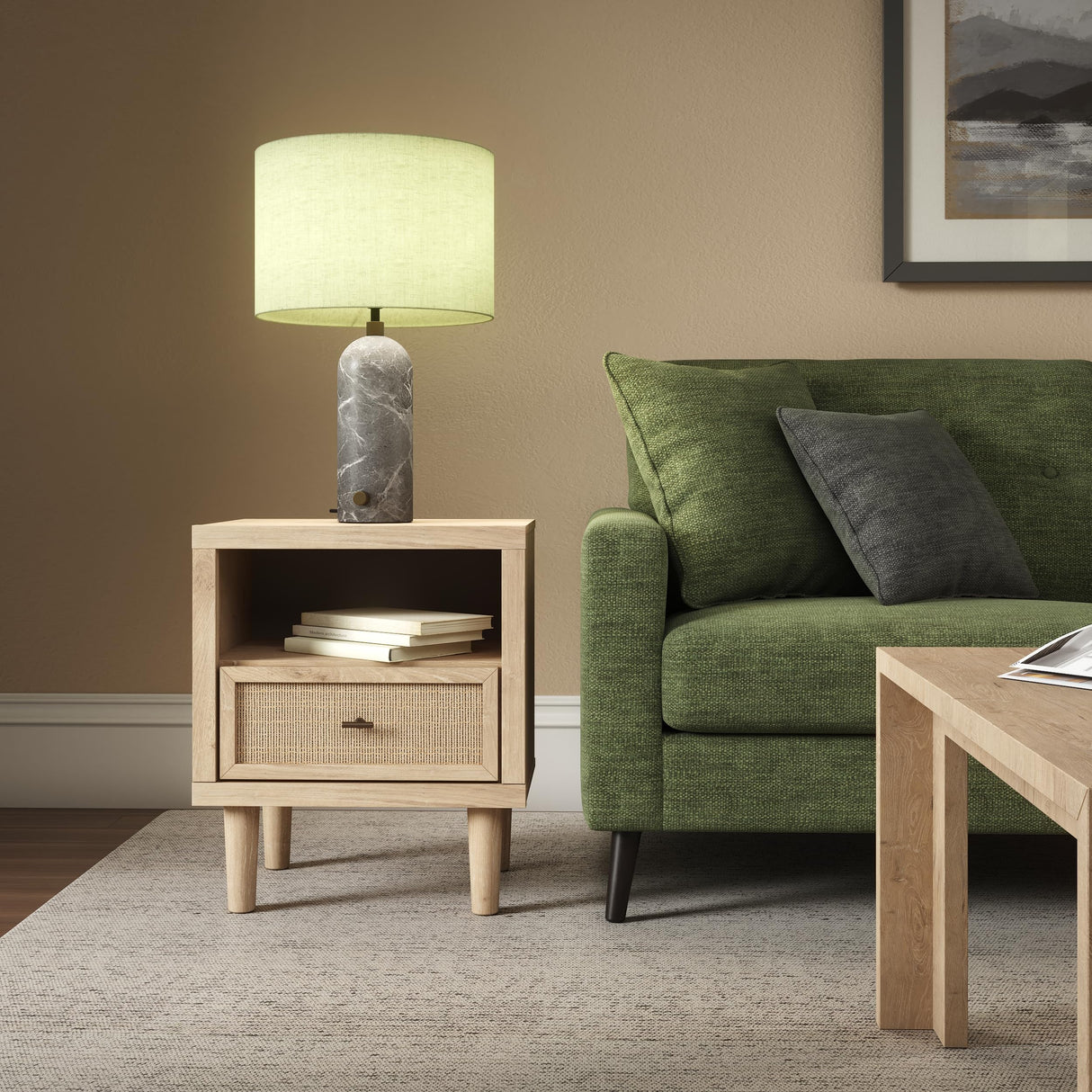 Cielden Farmhouse 1 Drawer Nightstand with Open Shelf, LED Lights, Wireless Charging