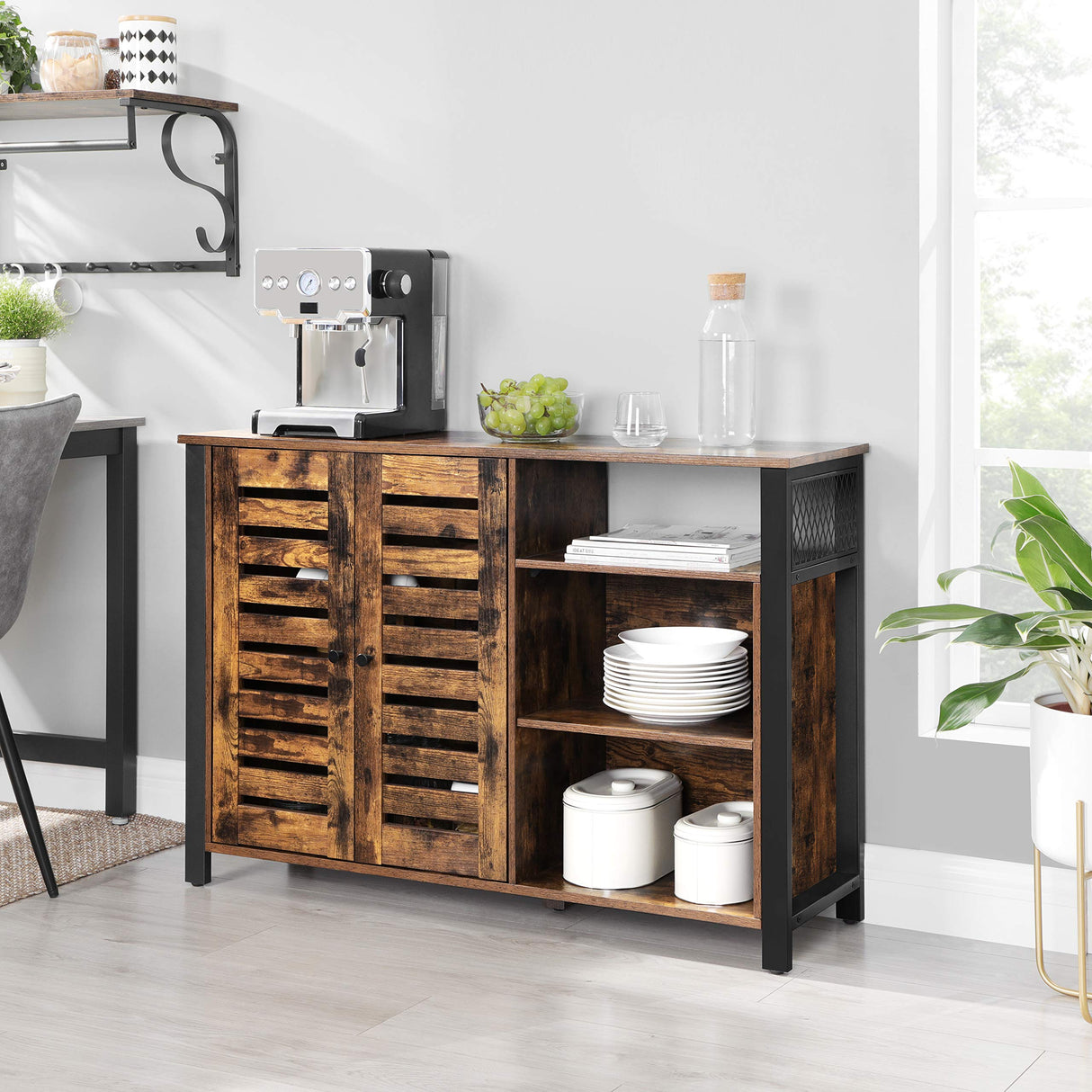 Lowell Storage Cabinet, Sideboard with Adjustable Shelves and Louvered Doors, Industrial,