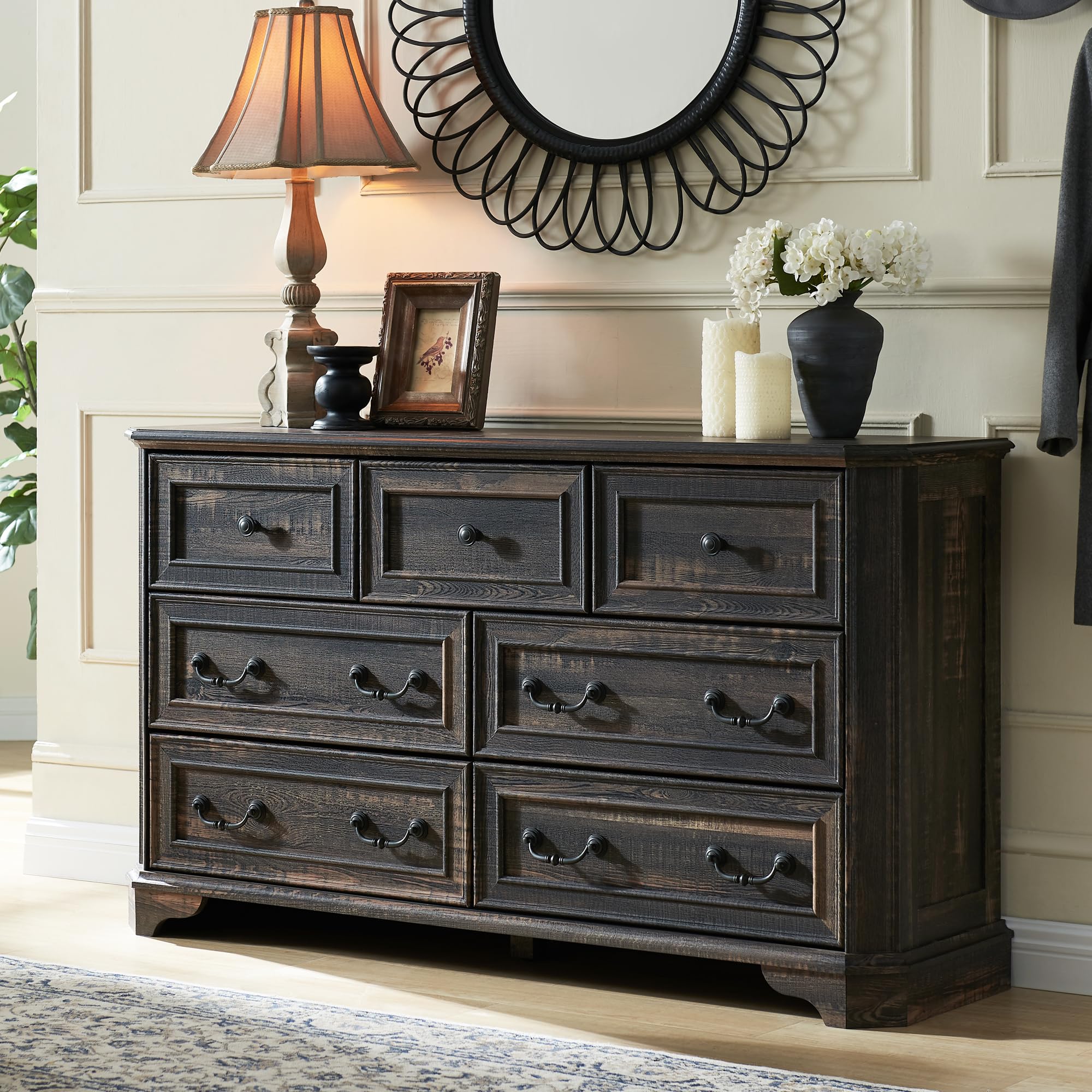 Farmhouse 7 Drawers Dresser for Bedroom, 54" Wide Wood Rustic Chest of Drawers