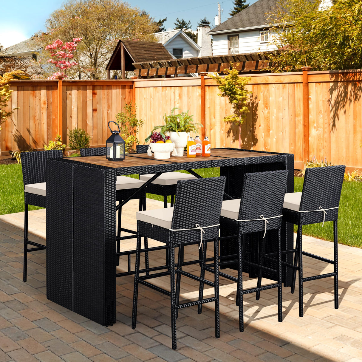 7 Piece Patio Dining Set Outdoor Acacia Wood Bar Table and Chairs
