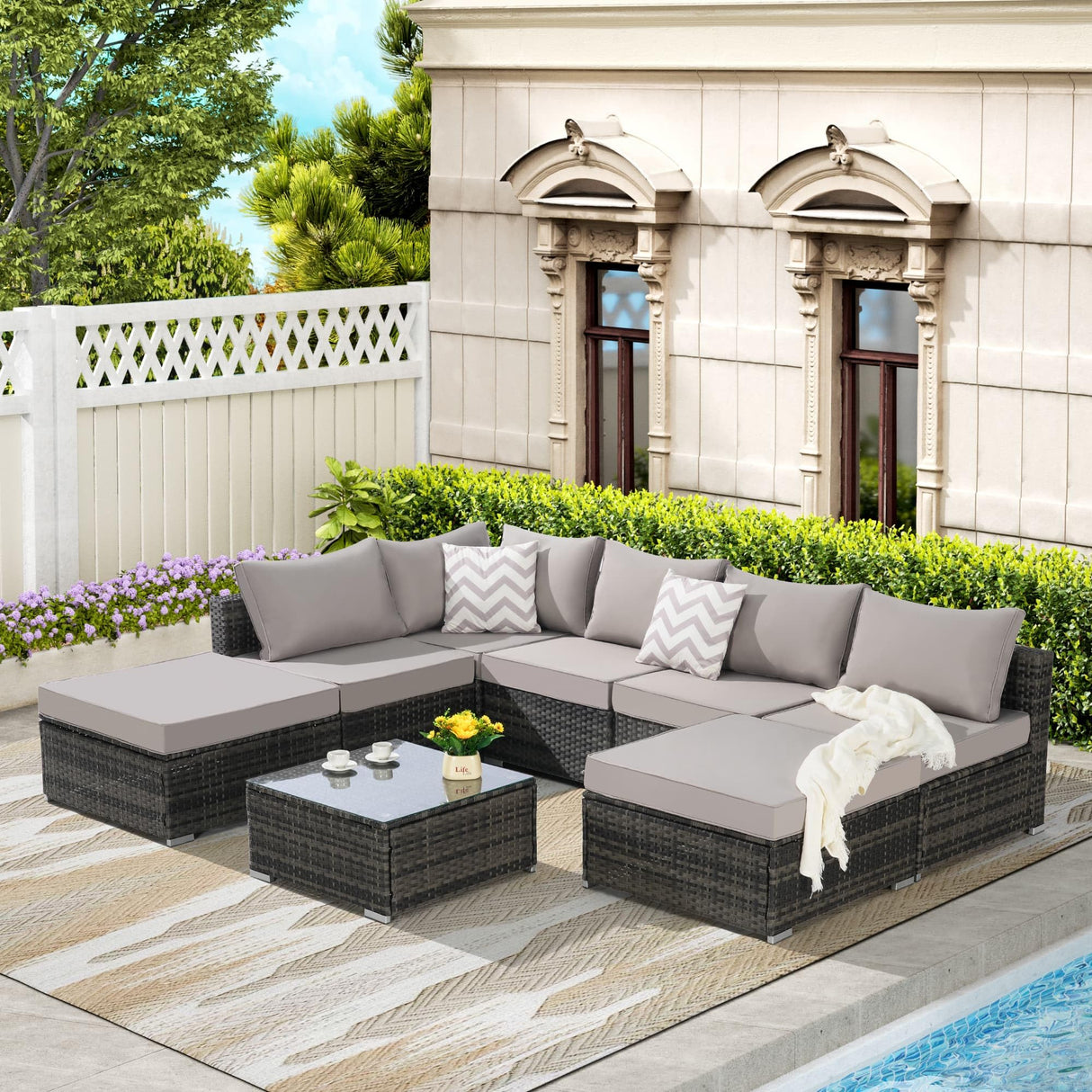 8-Piece Outdoor Patio Sectional Sofa Set with Glass Coffee Table - Light Gray Rattan