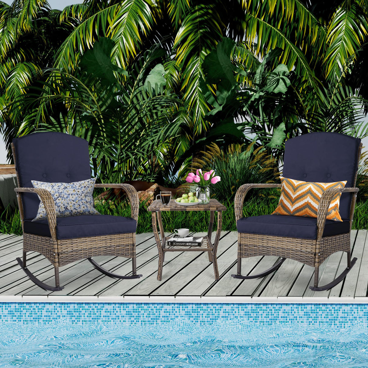 3-Piece Patio Furniture Set,Outdoor Rocking Chairs Set of 2, Patio Conversation Set