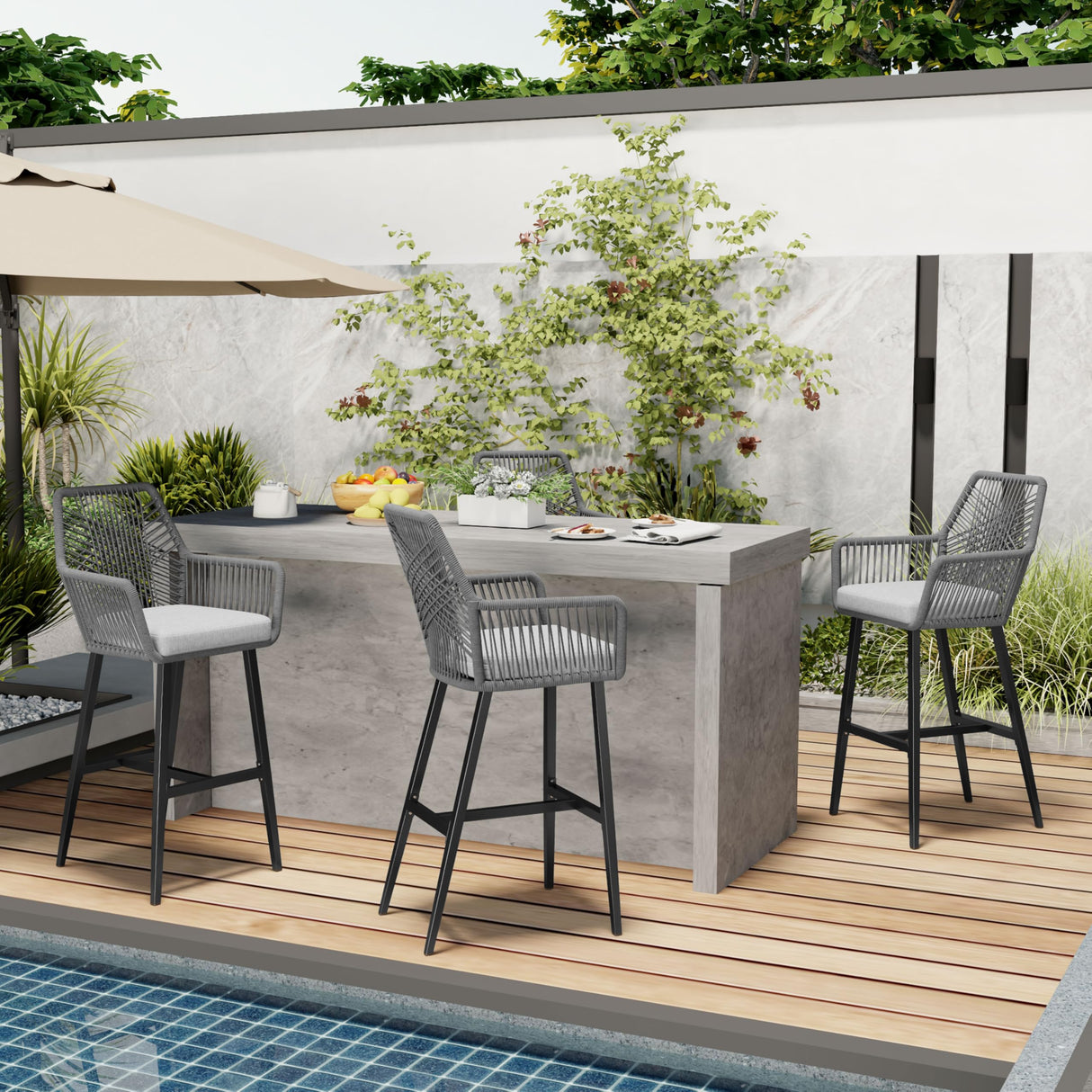 28'' Outdoor Counter Height Bar Stools Set of 2, Rattan Bar stools Boho Woven Patio