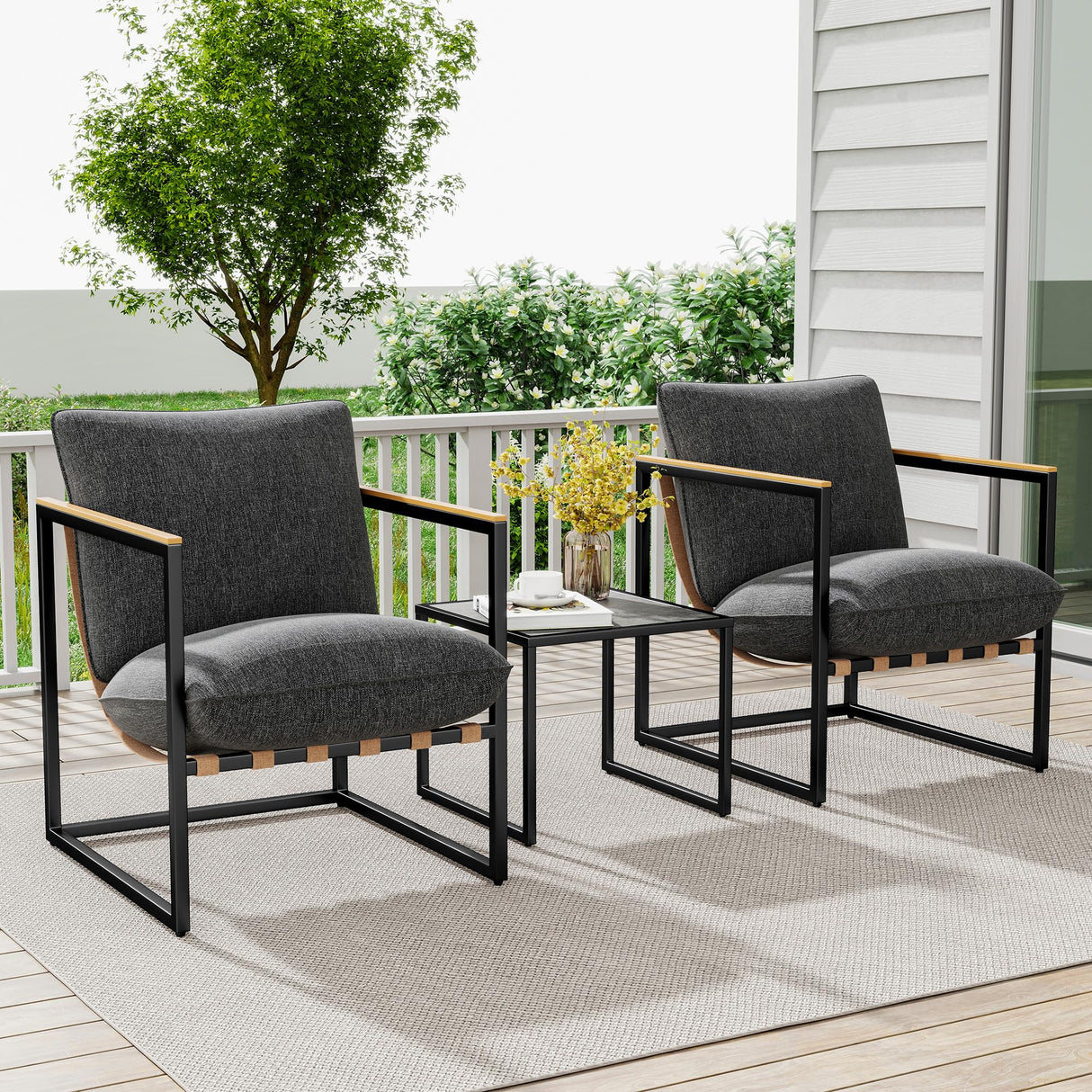 3-Piece Outdoor Patio Bistro Set with Cushioned Metal Chairs & Coffee Table