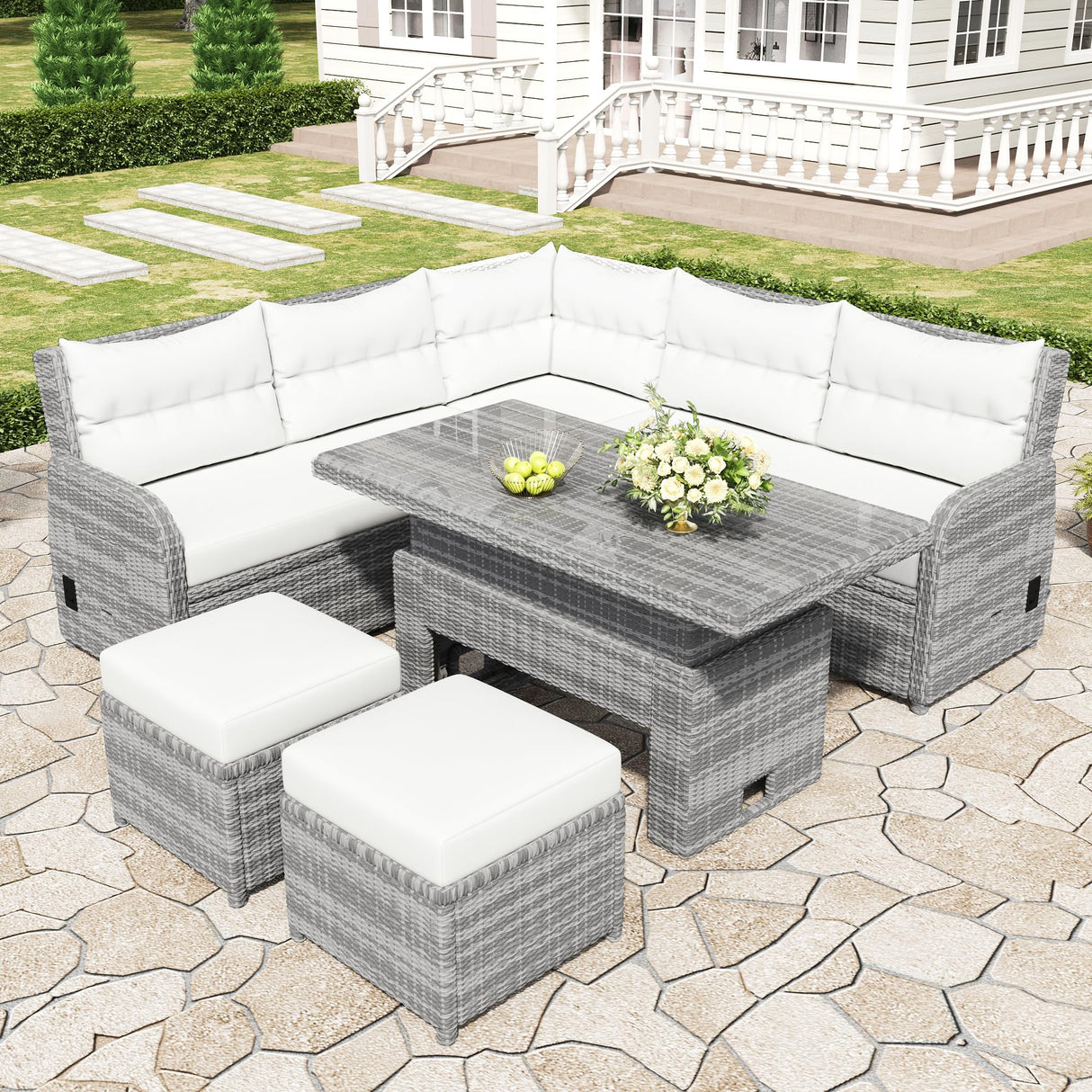 Patio Rattan Sectional Sofa Set with Adjustable Table