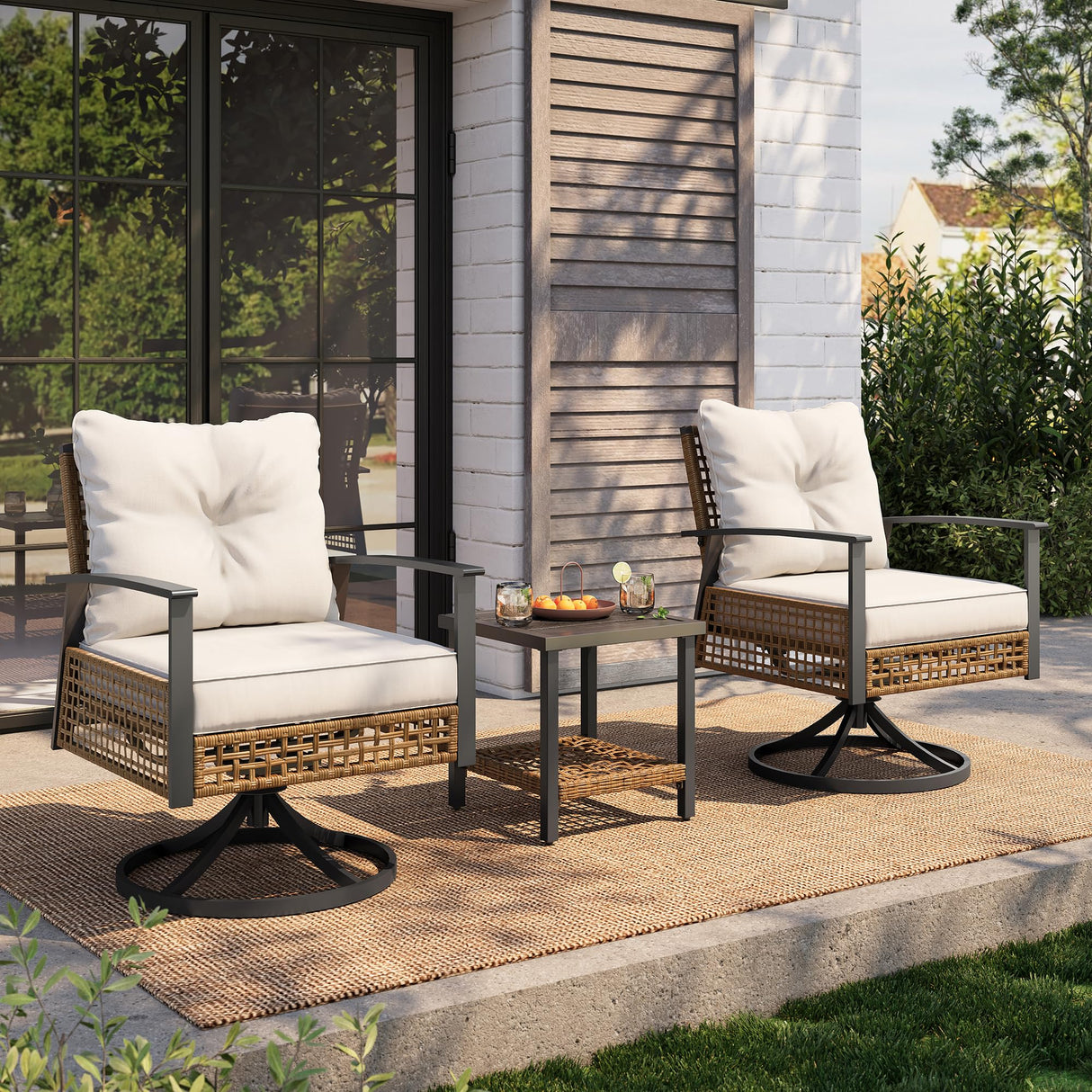 3-Piece Rocking Bistro Set - Wicker Patio Furniture with Cushioned Swivel Chairs