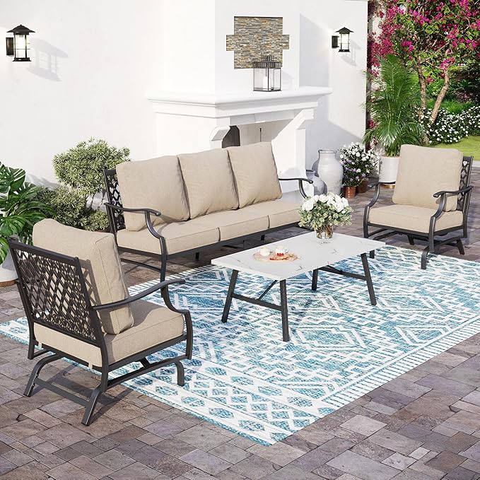 5 Piece Metal Outdoor Patio Furniture Set, Patio Conversation Sets 1 3-Seater Sofa