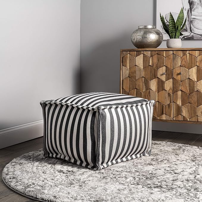 Porto Striped Indoor/Outdoor Ottoman Pouf Grey 14" x 20" x 20"