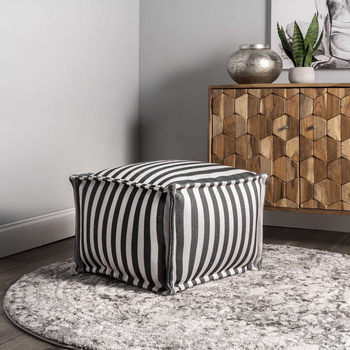 Porto Striped Indoor/Outdoor Ottoman Pouf Grey 14" x 20" x 20"