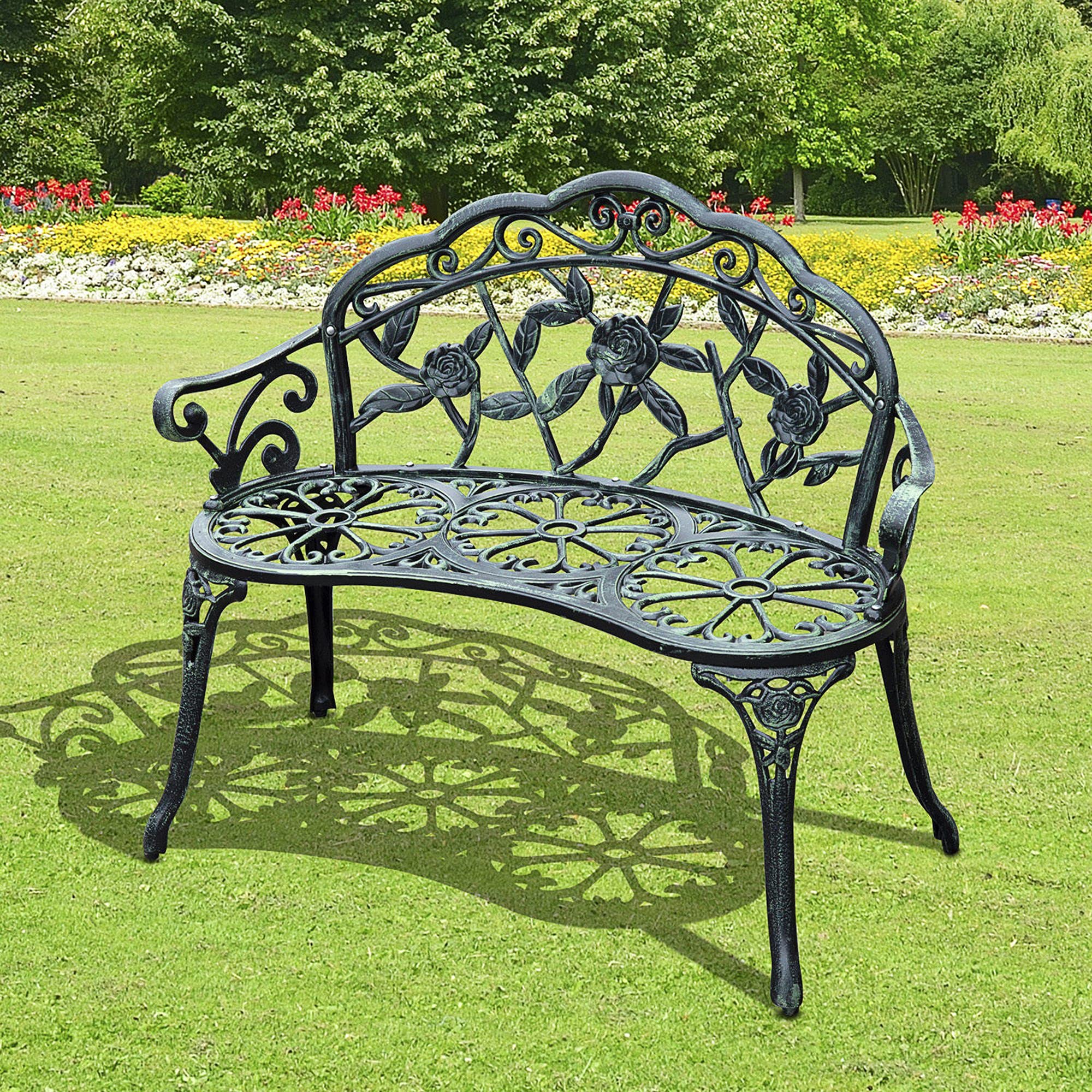 Outdoor Bench, Cast Aluminum Outdoor Furniture, Metal Bench with Floral Rose Accent