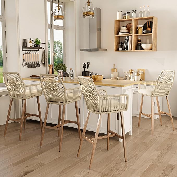 28'' Outdoor Counter Height Bar Stools Set of 2, Rattan Bar stools Boho Woven Patio