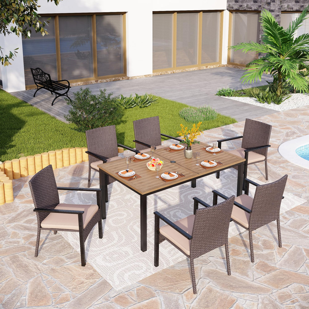 64" Rectangle Outdoor Dining Table, Patio Furniture Wood-Like Tabletop