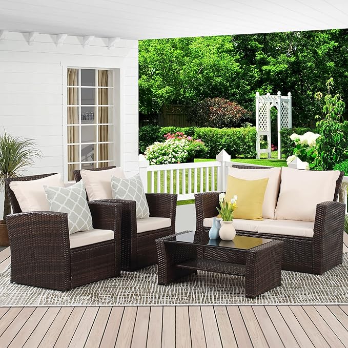 4 Piece Outdoor Patio Furniture Sets, Wicker Conversation Set for Porch Deck