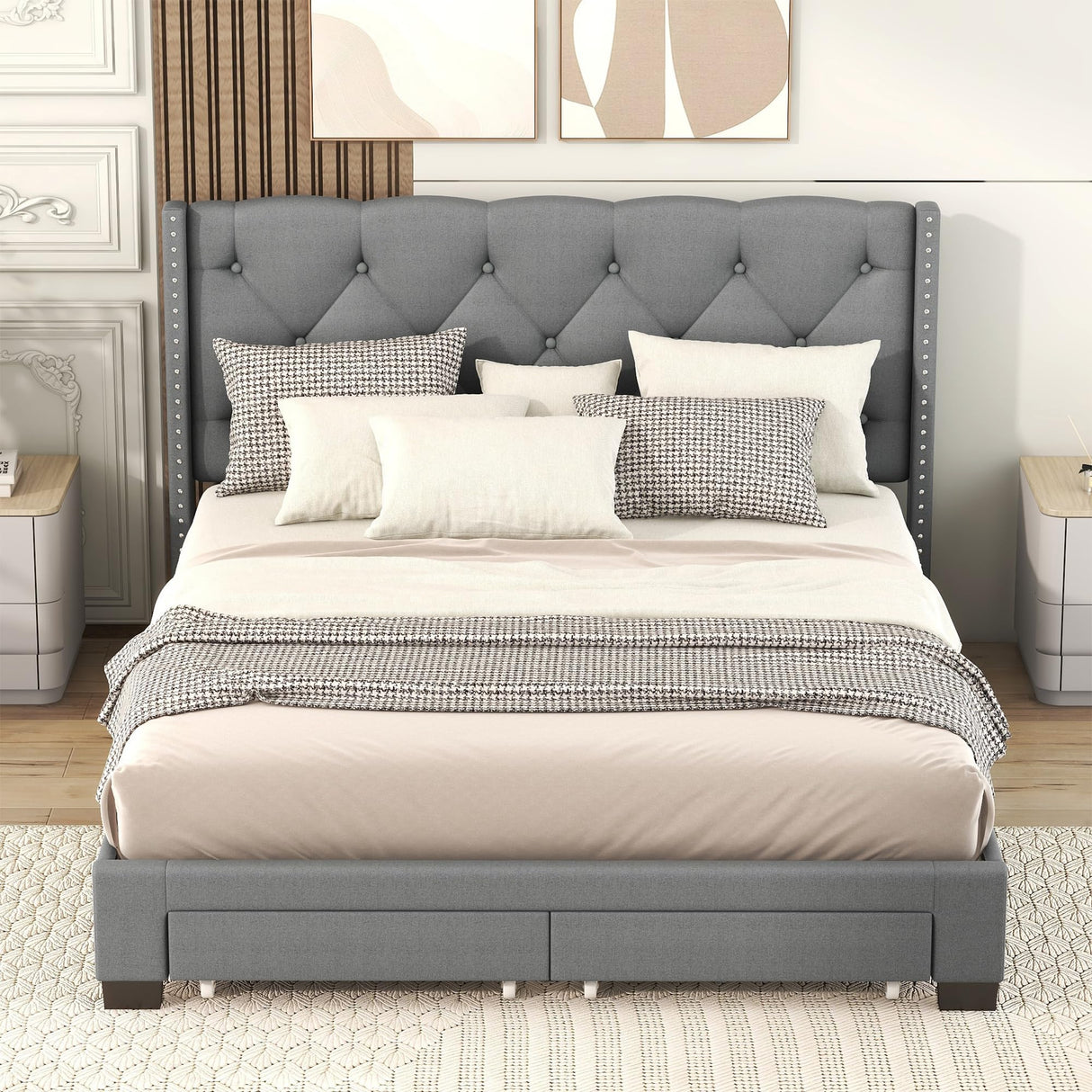 Queen Upholstered Bed with Storage Drawers, Wingback Platform Bed Frame