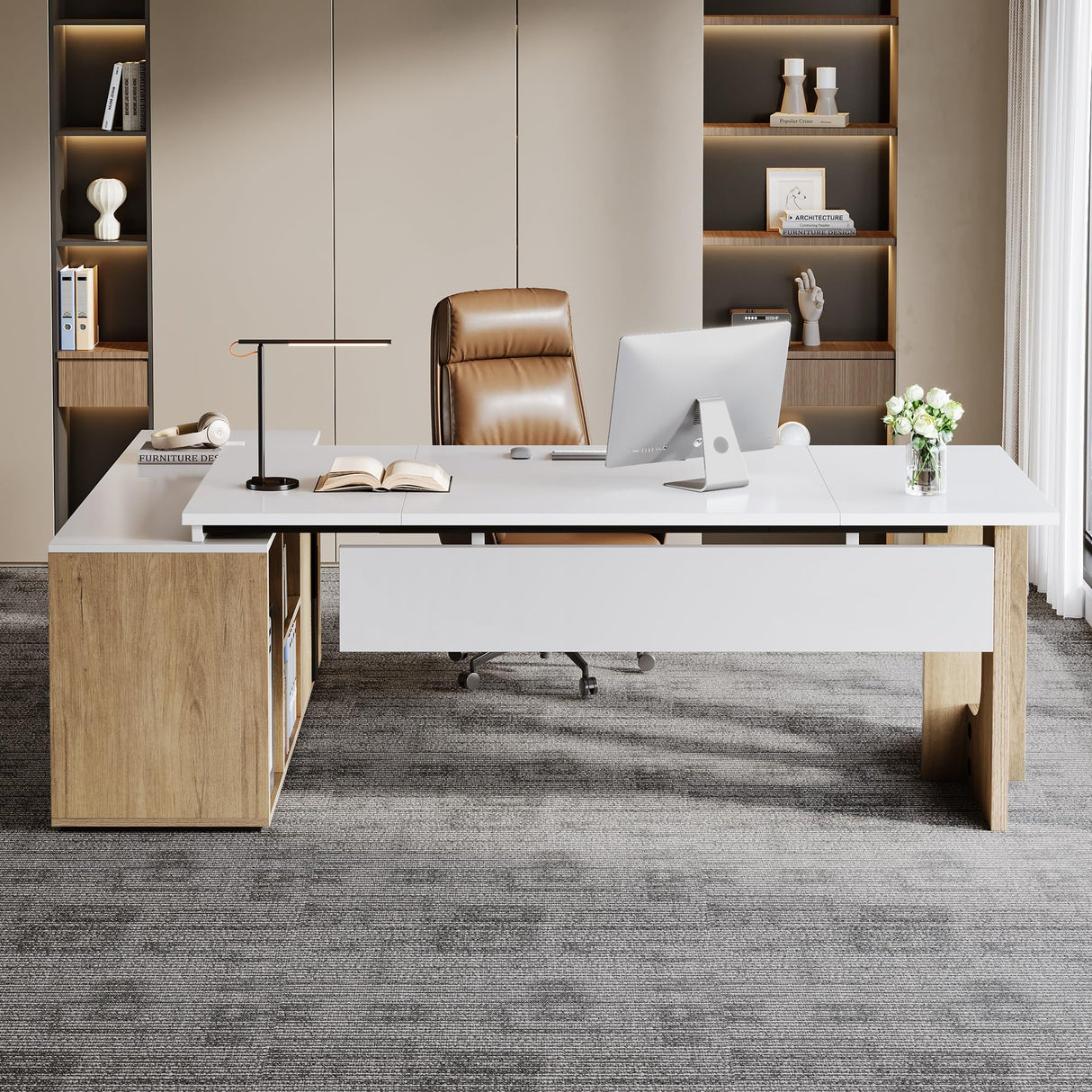 74.8" Executive Desk, Large Office Desk with Cabinet, L Shaped Computer Desk